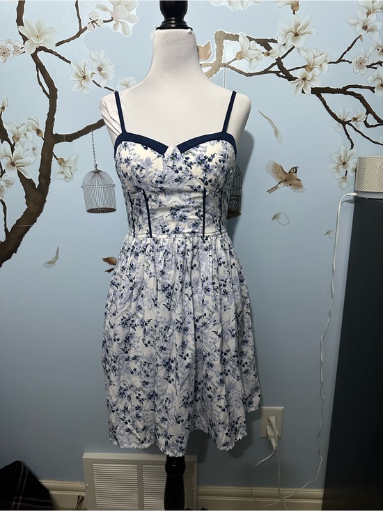 Bog Collective Dresses & Skirts - Navy Blue Floral Midi Dress with Sweetheart Neckline